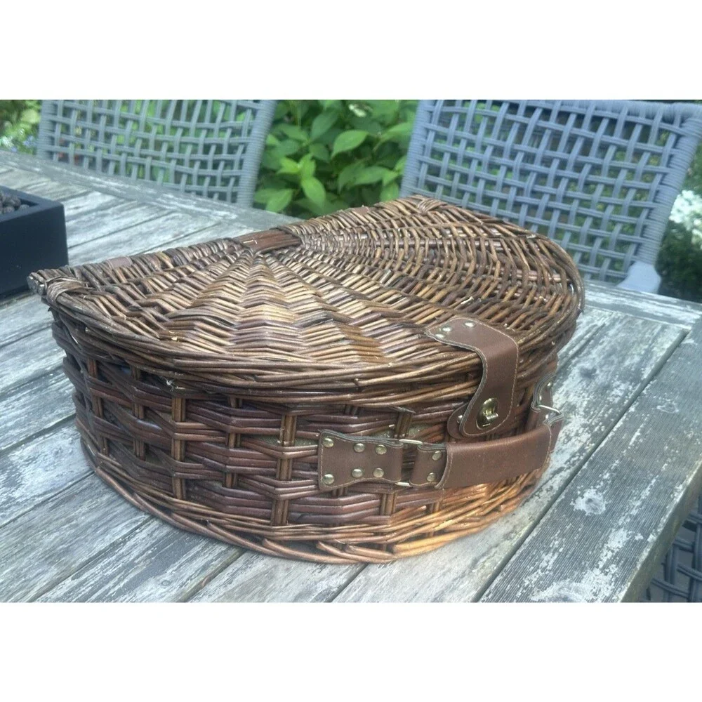 Vintage Brown Wicker Half Moon Picnic Basket Plaid Lined w Blue Dinnerware New